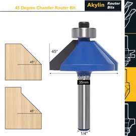 Akylin Chamfer Router Bit 1/4 Inch Shank, 1-3/8" Cut Dia, 45-Degree Groove, Carbide Edge Forming Bevel Router Bit, Chamfer Bit Miter Angle Milling Cutter, Perfect for Angled Edges
