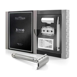 Edwin Jagger 3ONE6 DE Stainless Steel Safety Razor, Grooved, 1x Pack of Razor Blades (Stainless-Knurled)