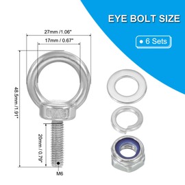 PATIKIL M6 x 20mm Eye Bolt with Nut, 6 Pack 304 Stainless Steel Lifting Shoulder Eyebolt Lift Thread Screws for Hanging, Silver