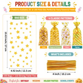 Golden Birthday Cellophane Treat Bags - 100PCS Clear Gooide Bags with Ties for Candy, Cookies, Treat, Small Gifts and Party Favors Packaing, Ideal for Birthday, Celebration Party, Thanksgiving Day