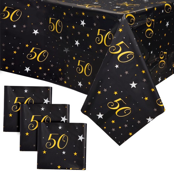 3 Pack 50th Birthday Tablecloth for Party Decorations, Plastic Table Covers for Anniversary (Black, Gold, 2.74m x 1.37m)