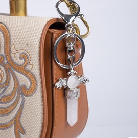 LIGHUFEIC Natural Gemstone Angel Scepter Keyring Energy Stone Charm,Lobster Clasp Pendant Charm Keychain for Accessorizing Bags, Phones, Keys