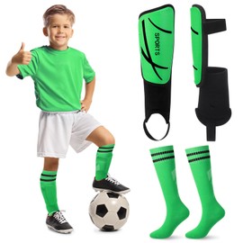 VercanMonth Soccer Shin Guards and Socks for Kids Youth 4-14, Lightweight Adjustable Strap Soccer Shin Pads with Ankle Protection Protective Football Equipment for Boys Girls Teens (Green,Small)