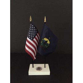 1 American and 1 Vermont Executive Flag Set American Made Rayon 4x6 inch Desk Set Includes a 2-Hole White ArcticSno Base with a USA Great Seal and Two Flags