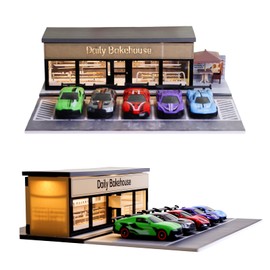 2025 Updated Model Car Display Case for Adults, Premium 1/64 Scale Diecast Parking Garage for Toy Cars, Toys Car Garage, Scenic Diorama Display Car Park with ith LED Lamps and 5 Parking Space
