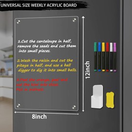Clear Acrylic Dry Erase Board for Fridge, 12”×8” Magnetic Weekly Meal Planner, Kitchen Menu Planner Board for Refrigerator Includes 6 Colors Markers, Pen Container and Erase