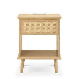 INK+IVY Accent End Table for Living Room with Built-in Charging Station, Drawer, Shelving and LED Touch Light, with Rattan Accent, Solid Wood Legs, Mid-Century Nightstand for Bedroom 23.75"H, Natural