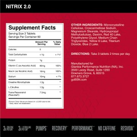 BSN NITRIX 2.0 - Nitric Oxide Precursors, 3g Creatine, 3g L Citrulline - Supports Workout Performance, Pumps, Muscle Recovery and Endurance - 180 Tablets (1049682)