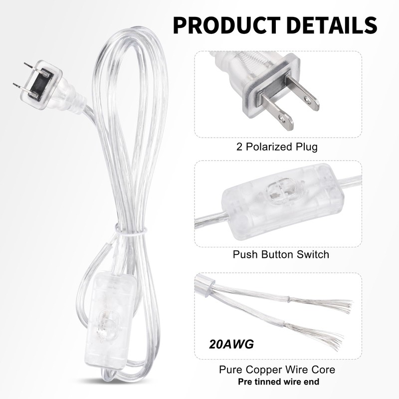LUMLLSAJI 20AWG Lamp Cord with On/Off Switch, 6ft (1.8m) Clear
