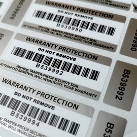 Tamper Proof Stickers in 7 Pack Sizes (50-2500pcs) 2-Part Warranty Void Labels with Barcodes & Unique Serial Numbers (1000pcs)