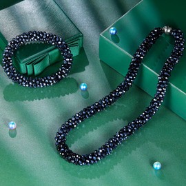 Esbbela Hand Knotted Beads Statement Necklace Artificial Crystal Choker for Women- Handmade Beaded Strand Sparkly Faceted Crystal Rondelle-17inches, Black/Red/Brown, 17 inch, Crystal, Crystal