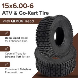 AlveyTech Black 15x6.00-6 ATV & Go-Kart Tire (Set of 2) - Replacement Thick Rubber 2-Ply Pneumatic Tires 4-Wheeler Accessories, E-Scooter, Go-Karts, Dirt Gas Power Pit Pocket Bikes, DIY Install