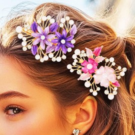 Jovono Flower Hair Barrette Clips Gold Crystal Wedding Hair Clips Pearl Hair Accessories for Women (2PCS) (Pink+Purple, One size)