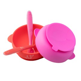 PAPU BABY Set de 2 Platos Hondos/Bowl/Tazón y 2 Cucharas de Silicón 100% grado alimenticion con base de succión Libre de BPA (Rojo/Rosa)