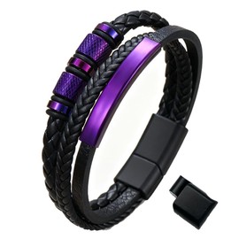 Wotfim Mens Leather Braided Bracelet Bangle Multi-Layer Colorful Bracelet for Men Stainless Steel Cuff Bracelets Mens Jewelry Gifts-G73-Purple