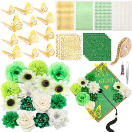 Wavwavw 43 PCS DIY Graduation Cap Decorations Kit, Grad Cap Decorations Included Faux Flowers 3D Butterfly Self Adhesive Rhinestones Stickers Alphabet Letter Stickers for Grad Party Decor(Green)
