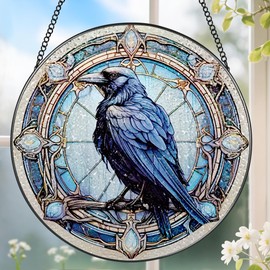 8 Inch Stained Glass Suncatcher Ornament, DOUHASU Crow Sun Catchers Indoor Window, Stained Glass Window Hanging, Home Decor, Bird Lovers Gifts for Women, Men