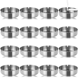 Ashtray, Pack of 16 Stainless Steel Ashtrays, 8 cm Round Office Ashtray, Latte Polished, Table Top Ashtray for Home, Office, Restaurant, Bar, Silver
