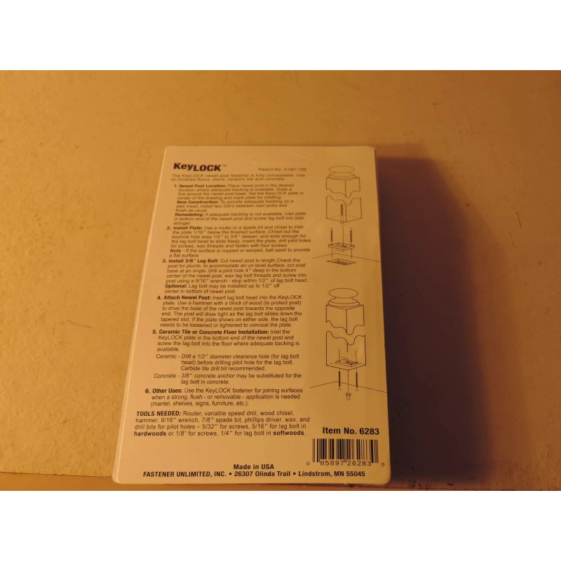 KEY LOCK ITEM NO. 6283 FULLY CONCEALABLE NEWEL POST FASTENER