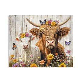 Yidepot Highland Cow Canvas Wall Art: Sunflowers Farmhouse Artwork, Sheap Cow Pictures Bedroom Decor Ready to Hang 12x15inch