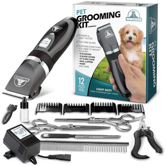 Pet Union Professional Dog Grooming Kit - Rechargeable, Cordless Pet Grooming Clippers & Complete Set of Dog Grooming Tools. Low Noise & Suitable for Dogs, Cats and Other Pets