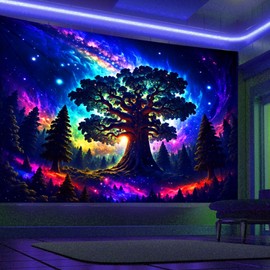 WIERAEM Schwarzlicht Wandteppich Wald Uv Psychedelic Wandtuch Natur Baum Sterne Galaxy Trippy WandtüCher SchöNe Bunt Fluoreszierende Tapestry Deko Mittelgroß 200x150cm