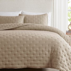 WDCOZY WDCOZY Beige Cloud Quilt Queen Size Bedding Set with Pillow Sham, Tan Puffy Cozy Lightweight Bedspread Coverlet, Taupe Camel Soft Cute Bed Cover for All Season - 3 Pieces, 90x90 inches