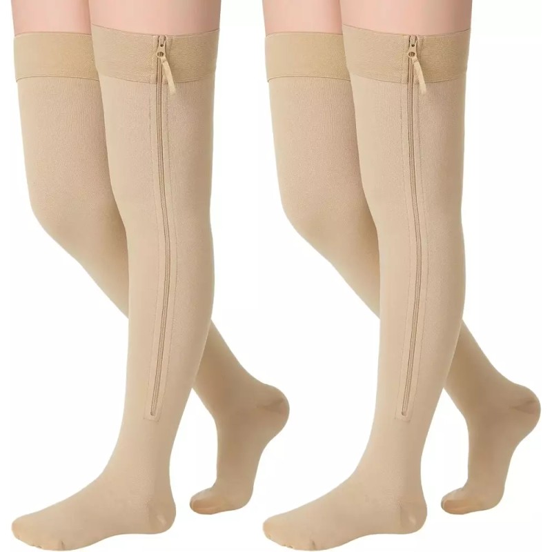 Sosation 2쌍 지퍼 압박 양말 허벅지 높이 20-30mmhg 클로즈드 토