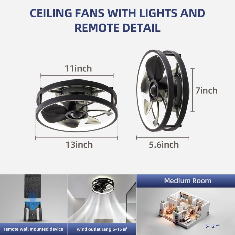 Zoruny 13" Low Profile Ceiling Fans with Lights and Remote,Dimmable