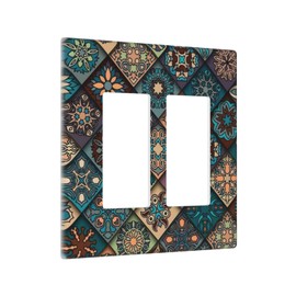 Talavera Mexican Tiles Light Switch Cover Decorative 2 Gang Rocker/Decora Wall Plate Covers Vintage Art Mandala Floral GFCI Faceplate for Bedroom Kitchen Decor 4.5" X 4.6"