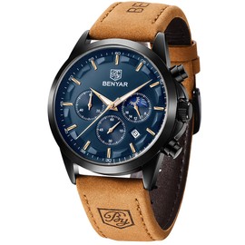 BY BENYAR Watches for Men Chronograph Waterproof Designer Big Face Men's Wrist Watches Business Work Casual Sport Fashion Brown Leather Dress Watch Elegant Gifts for Men