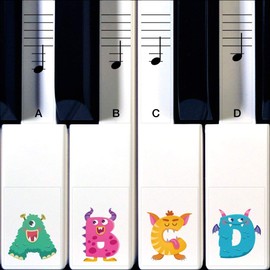Crosby Monster Piano Stickers for Learning Piano or Keyboard - Transparent 88, 76, 61 & 49 Removable Key Set for Kids & Beginners
