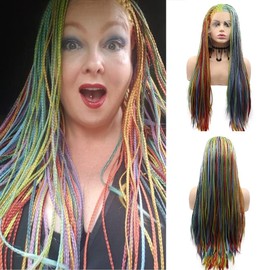 Angle Lucky Rainbow Micro Braided Wigs for Black Women Synthetic Handmade Colorful Lace Front Wig Blue Yellow Blue Red Purple Green Orange Wigs Heat Resistant Pre Plucked Box Braided for Drag Queen Makeup Party (26, Rainbow)