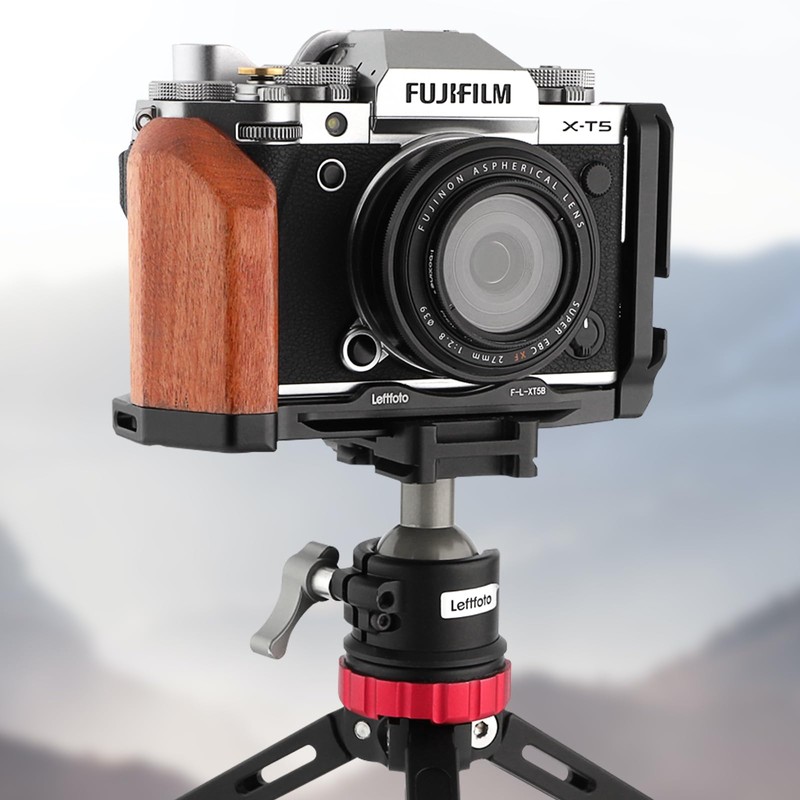 LEFTFOTO X-T5 レトロハンドグリップ L字型ブラケットハンドル 木製グリップ付き Fuj XT5 カメラ用 取り外し可能な垂直張力サイドクイックリリースプレート付き Arca