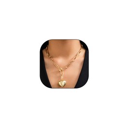 Chunky Heart Pendant Statement Necklaces for Women Teen Girls,14K Gold Love Shaped Paperclip Chain Necklaces Party Prom Vintage Punk Jewelry Gifts (Gold)