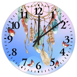15 Inch Silent Non-Ticking Wall Clocks Battery Operated Boho Moon Dream Catcher Feather Home Decoration for Hotel Bohemian Style Pictures Custom Round Wooden Wall Clock Vintage for Indoor Girls Room