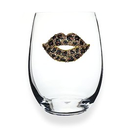 THE QUEENS' JEWELS - Copa de vino sin tallo con joyas de labios de leopardo, 21 onzas, regalo único para mujeres, cumpleaños, lindo, divertido, no pintado, decorado, brillante, deslumbrante, diamantes de imitación