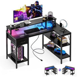 DUMOS Gaming Desk, Monitor Stand, LED Lights, Storage Shelves