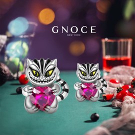 GNOCE Charm Bead Cheshire Cat Hugging Heart Gemstone Charm 925 Sterling Silver Black Plated for Bracelet Necklace Jewellery Gift for Women, Silver, Cubic Zirconia