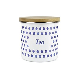 Purely Home Indigo Polka Dots Spots Tea Canister - White Metal Enamel Kitchen Food Storage Container