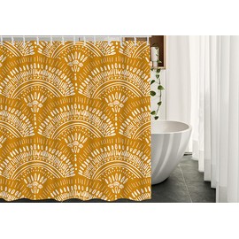 AOYEGO Bohemian Geometric Pattern Long Shower Curtain with Hooks Ethnic Intricate Mustard Yellow Doodle Fabric Shower Curtain Large Polyester 72x84 Inch for Bathrooms Bathtubs