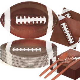 FULJOOY 144 Pcs Football Party Supplies Paper Football Plates and Napkins Dinnerware Set Tableware Supplies Includes Paper Plates Napkins Forks Serve 24 for Birthday Sports Football Party decorations