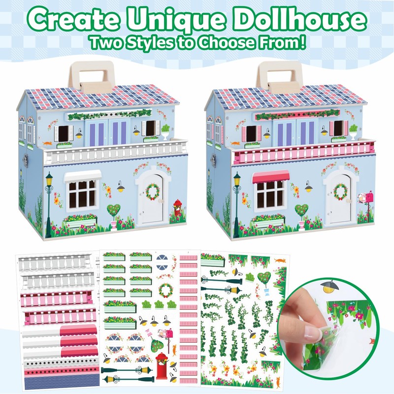 SIMPLIPLAY Wooden Dollhouse, DIY Portable Pretend Play Doll House Set