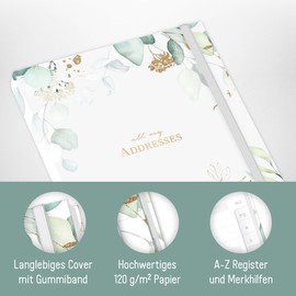 paper&you® A5 Address Book with Index A-Z [Gold Leaf] Book for Contacts, Birthdays & Passwords - Sustainable & Climate Friendly