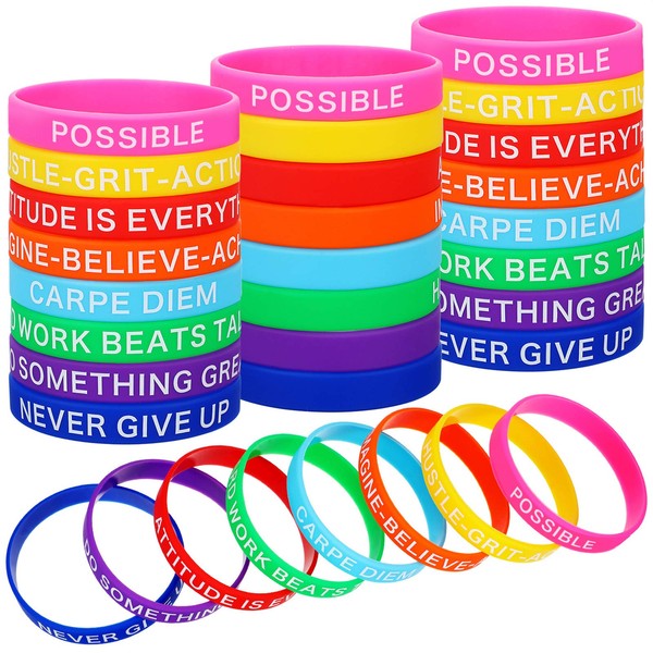 Motivational Silicone Wristbands Multicolored Rubber Bracelets Stretch Bracelets with Inspirational Messages, 8 Styles (48 Pieces)