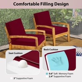 HOMELYSIAN Waterproof Outdoor Chair Cushions 22x22, Memory Foam Outdoor Cushions for Patio Furniture with Removable Cover, Deep Seat Cushions for Outdoor Furniture with Ties and Handle, Burgundy