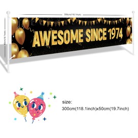 JOYKY - Banner impresionante desde 1974, decoración de fiesta de cumpleaños de 50 años para hombres y mujeres, suministros de cumpleaños de 50 años, decoración de letrero de patio para él ella, 9.8 x