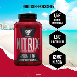BSN Nitrix 2.0, Dietary Supplement with Creatine Monohydrate, L-Citrulline, Niacin, Black Pepper and Herbal Extract for Performance Increasing, Unflavoured, 60 Servings, 180 Capsules