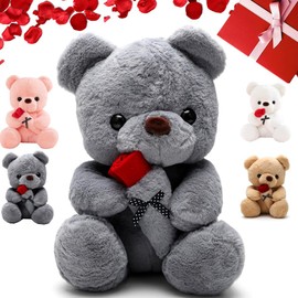 RANJIMA Teddy bear with rose, 35 cm teddy bear, plush bear, teddy bear plush toy, cuddly toy, teddy bear, rose stuffed toy for Valentine's Day, birthday gifts for children, girls