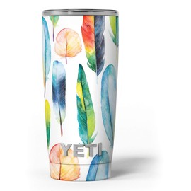 Design Skinz Bright Water Color Painted Feather - Skin Decal Vinyl Wrap Kit Compatible with The Yeti Rambler Cooler Tumbler Cups